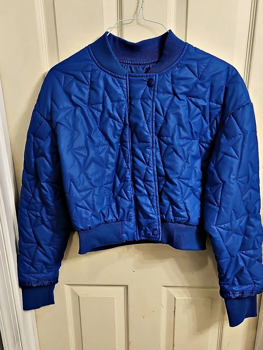 Quilted Cropped Bomber Jacket in Blue